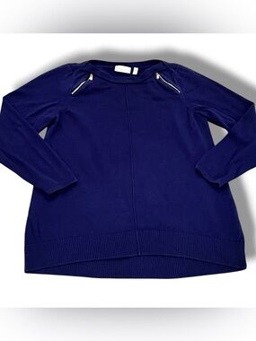 Rafaella Womens L Cotton Blend Royal Blue Zip Neck Knit Sweater Hi-Low Hem F-1
